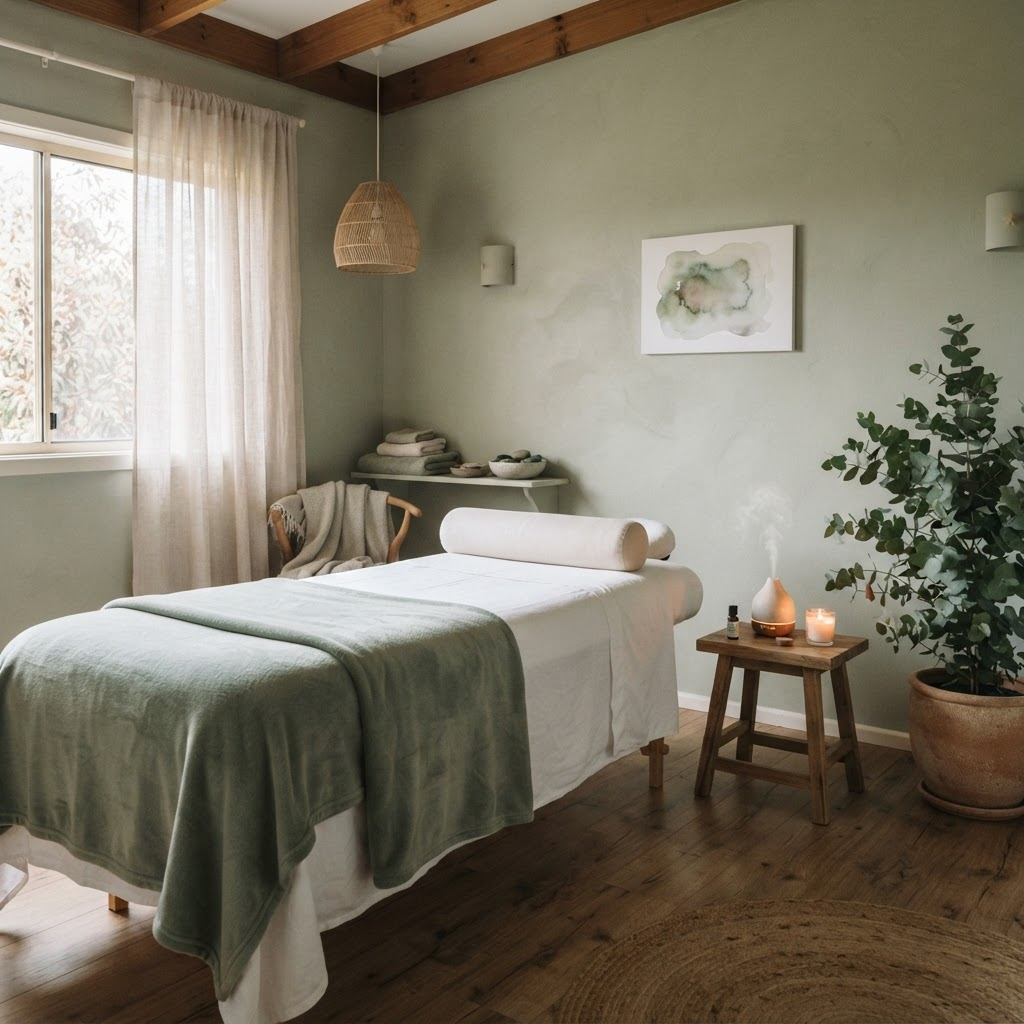 A calm remedial massage treatment room with a linen-dressed massage table, timber flooring and a potted eucalyptus plant