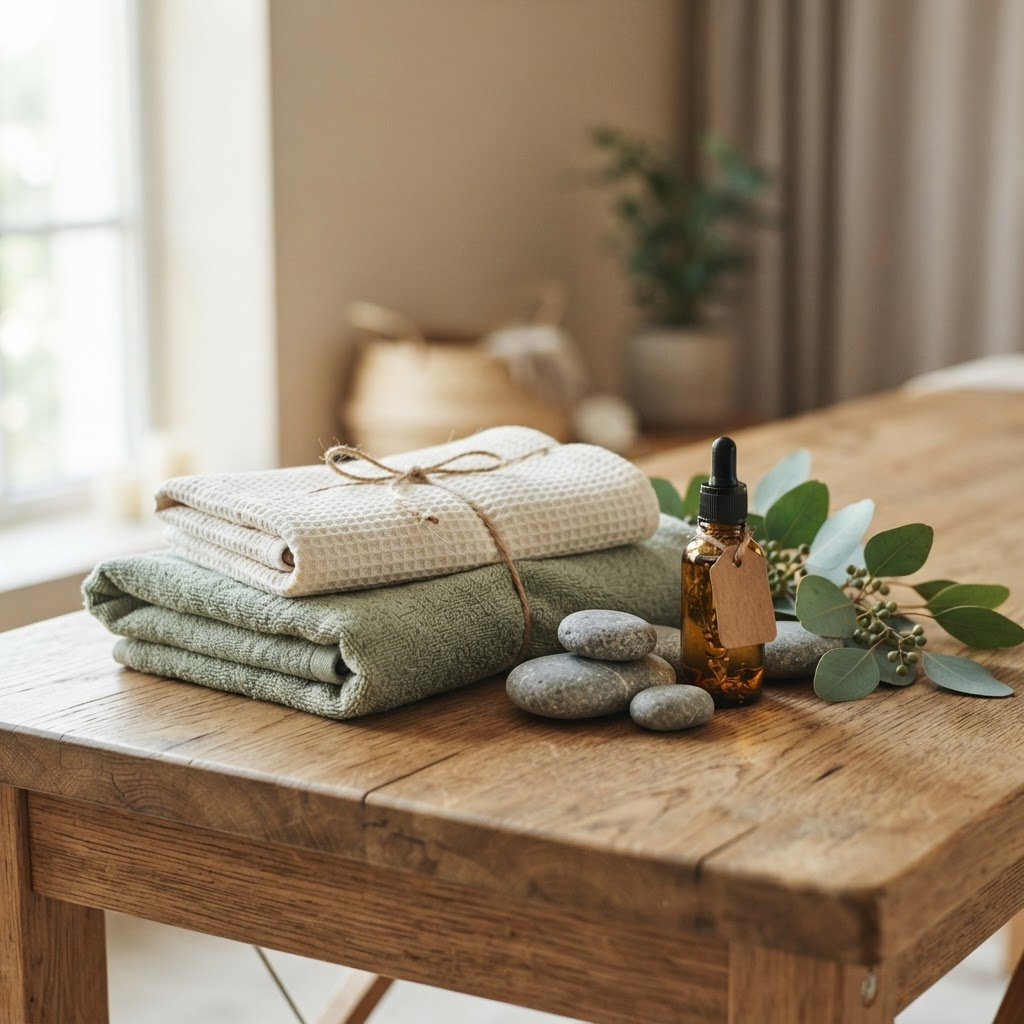 Folded linen towels, river stones and eucalyptus arranged on a massage table in a calm therapy setting